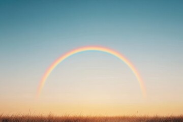 A vibrant rainbow arches over a serene landscape at sunset, casting colorful hues in the sky