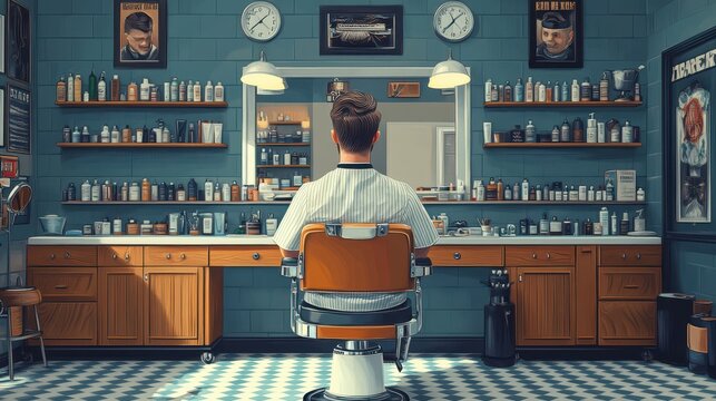 Retro Barber Shop Interior with Classic Design Elements Focused on Central Barber Chair and Blue Color Scheme Highlighting Vintage Aesthetic