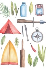 Colorful camping elements including tents, tools, and nature items arranged on a white background
