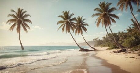 Obraz premium Vintage toned film photograph of a serene ocean landscape featuring swaying palm trees and a sunny beach , palm trees, beach