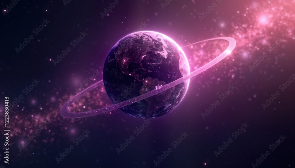 Aufkleber Purple planet earth with glowing ring in outer space. Abstract digital cosmos background. Design emphasizes universe concepts. Futuristic graphic representation. Dark, starry space background.