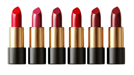 Red Lipstick Collection: A stunning row of seven luxurious lipsticks in various shades of red, showcasing rich pigments and elegant gold-and-black packaging.  This image is perfect for beauty blogs.