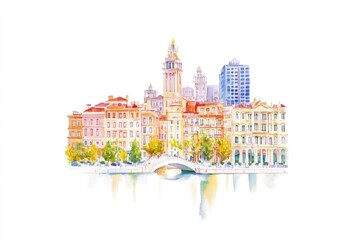 A vibrant watercolor illustration of a city skyline with historic buildings and modern architecture