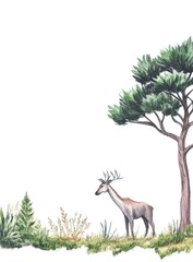 Serene landscape featuring a deer beside a pine tree, surrounded by lush greenery and wild plants