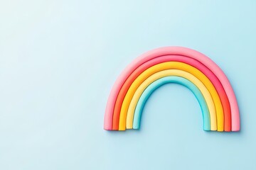 Colorful rainbow made of soft modeling clay on a light blue background, symbolizing creativity and joy