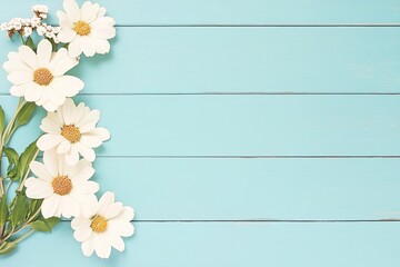 Fresh white daisies arranged on a light blue wooden background, creating a vibrant, cheerful atmosphere