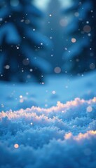 Snowflakes settle on a snowy ground with glowing light on the blue background, frosty environment, winter scene