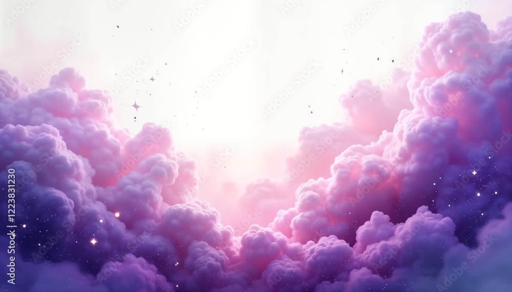 Poster Purple cosmic nebula cloud texture glows softly in space. Soft lighting, abstract patterns. Abstract cosmic cloud glows gently. Purple nebula sky background fantastical, ethereal. Cosmic cloud
