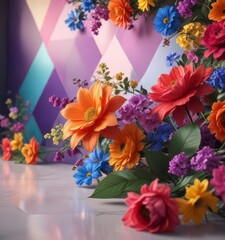 Whimsical florals dance in vibrant hues on a subtle geometric background,  floral,  bohemian