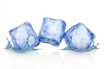 Three ice cubes splashing in water, showcasing their clarity and texture against a white background