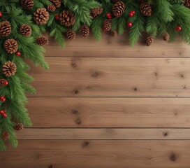 Wooden Christmas banner with evergreen branches and pinecones,  pinecone decoration ,  holiday decor