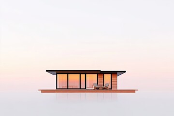 Modern minimalist house with large windows overlooking a serene sunset landscape