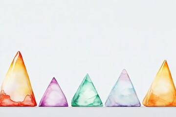 Colorful geometric glass pyramids arranged in a line against a clean white background