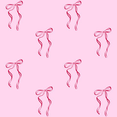Coquette seamless pattern with ribbon bows. Trendy cute print on pink background. Design for wrapping paper, packaging for Valentine day and wedding invitations. Doodle vector illustration