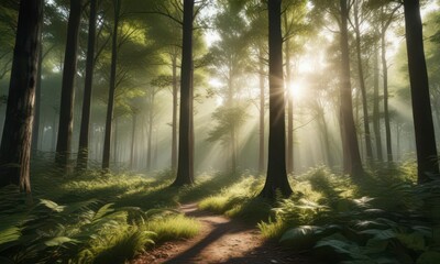 Obraz premium Soothing forest landscape with tall trees and sunlight filtering through leaves, woodland ambiance, leafy surroundings, natural beauty