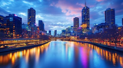 Fototapeta premium Stunning twilight view of Melbourne's skyline reflecting on the Yarra River, vibrant city life