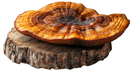 Turkey Tail Mushroom on Wood Slice: A detailed close-up showcasing the vibrant colors and intricate textures of a Turkey Tail mushroom (Trametes versicolor) resting on a rustic wood slice.