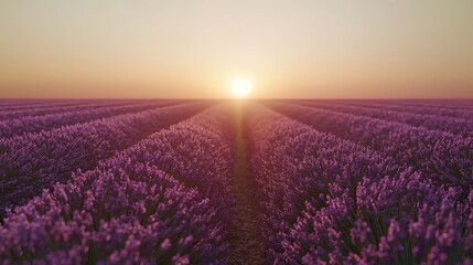 Naklejka premium Sunset over rows of purple lavender fields.