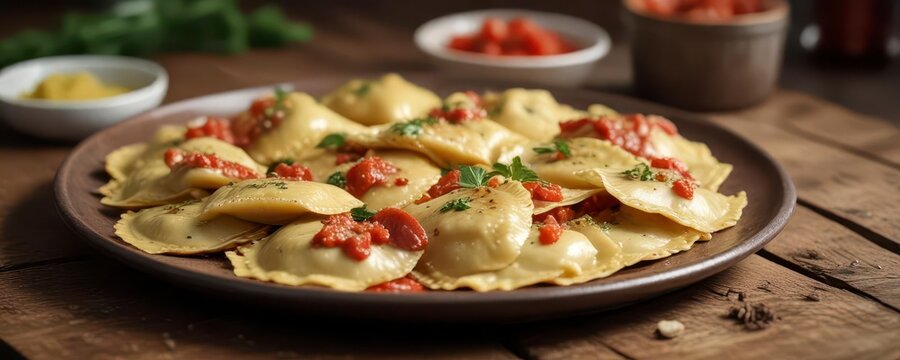 Steaming plate of ravioli on a rustic wooden table,  italian food, ,  comfort food