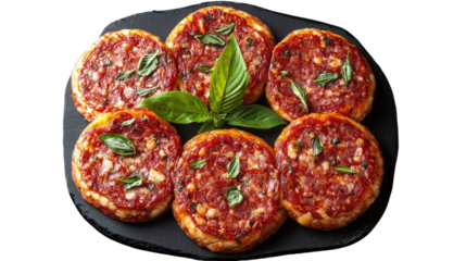 Mini Pizza Bites: A delectable arrangement of six mini pizzas, adorned with fresh basil and rich tomato sauce, sits invitingly on a dark slate platter, perfect for sharing. 