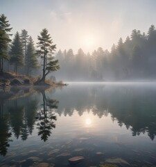Fototapeta premium Tranquil lake waters reflecting a misty morning sky , abstract, peaceful, serene