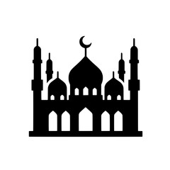 Mosque Icon: A minimalist black silhouette of a mosque with a crescent moon on top, symbolizing faith, community, and architecture.  