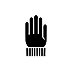 Hand with Gloves Icon: A minimalist black and white vector icon of a hand wearing gloves, suitable for websites, apps, and presentations. Convey safety, protection, and work.