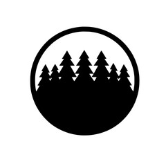 Forest in Circle:  A minimalist black and white illustration of a coniferous forest nestled within a simple circular frame. Perfect for nature-themed projects or eco-conscious branding.