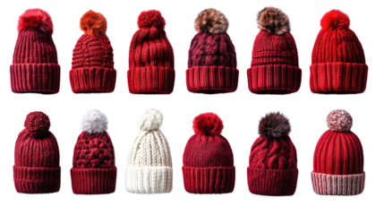 Winter Wonderland: A vibrant collection of cozy knitted beanies with fluffy pom-poms, perfect for keeping your head warm and stylish during the winter months.  
