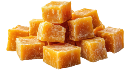 Golden Cubes of Beeswax: A close-up shot of a pile of golden beeswax cubes, showcasing their texture and rich color.  Perfect for candle making, cosmetics, and other crafts.