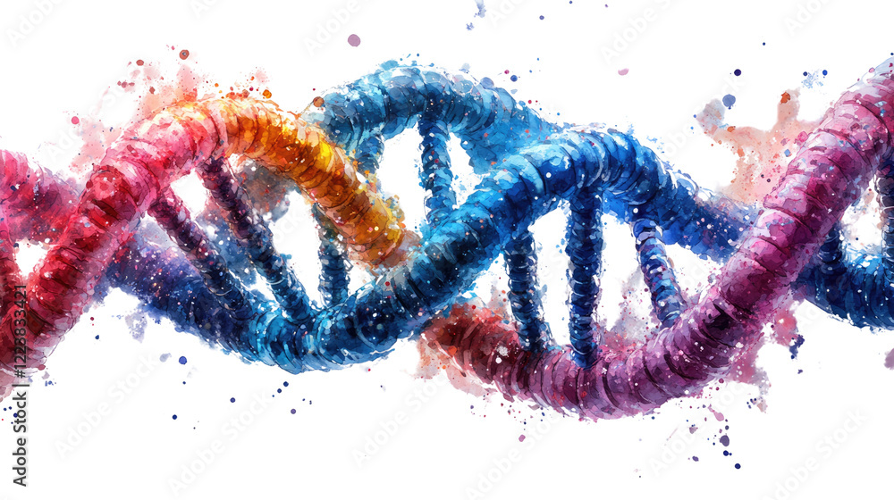 Poster dna double helix: abstract vibrant dna double helix rendered in colorful paint splatters, representi