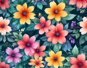 Vibrant Vector Floral Pattern on Watercolor Background,  abstract design,  vector flowers,  bright colors