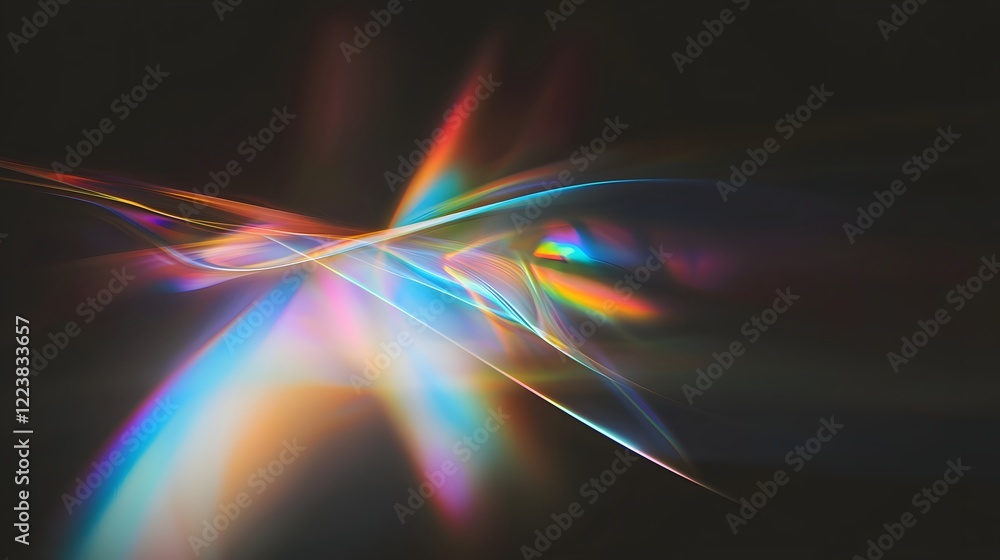 Poster Vibrant prism light leak texture with dreamy flare and glowing bokeh effects on a dark background creating a magical and atmospheric overlay for photo enhancement and visuals