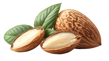 Almond Nut and Leaves: An enticing close-up showcasing the delicate texture of almond nuts, complete with their shells and leaves.
