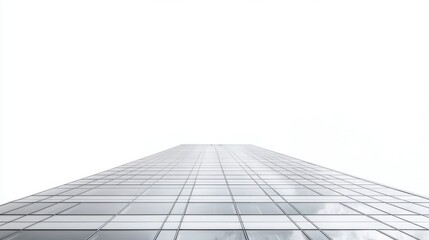 Fototapeta premium Glass modern skyscraper rises into bright white sky during daytime in city financial district.