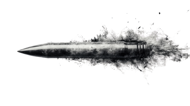 Bullet Impact: A dramatic high-speed close-up of a bullet in motion, leaving a trail of explosive debris.  The image is striking in its intensity and detail.