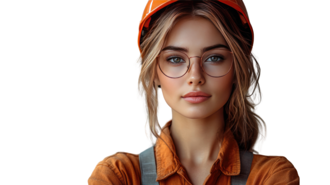 Confident Female Engineer: A young woman with blonde hair, wearing glasses and an orange hard hat, confidently looks directly at the camera, conveying intelligence.