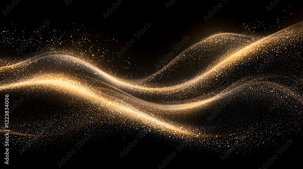 Poster elegant golden glitter waves flowing gracefully across a deep black background creating a luxurious 