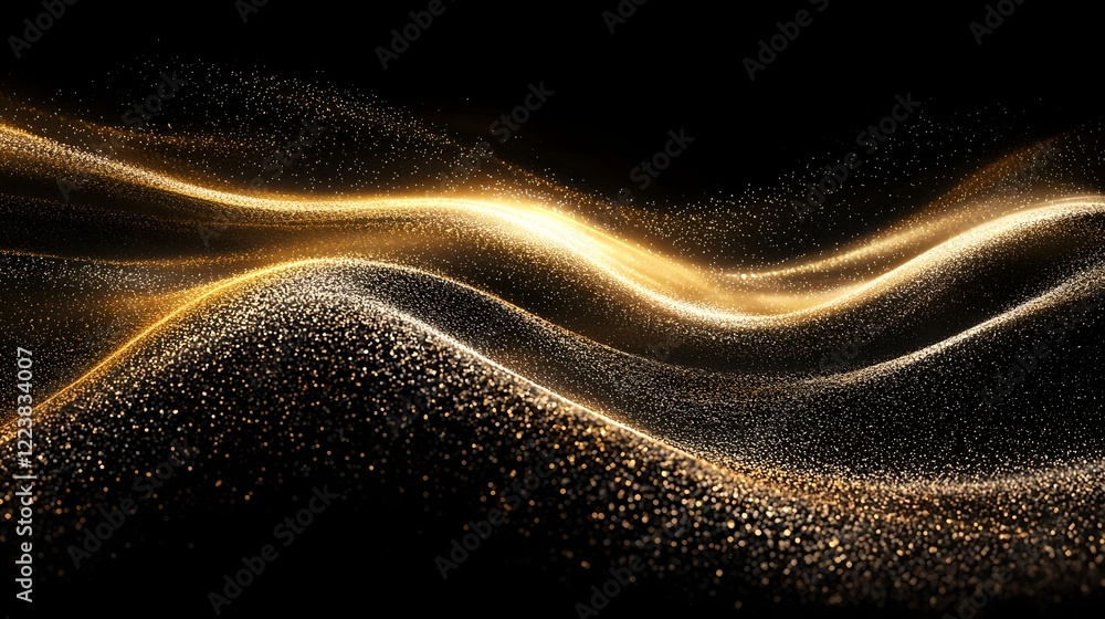 Aufkleber mesmerizing gold glitter particles forming a dynamic wave pattern on a sleek black background radiat