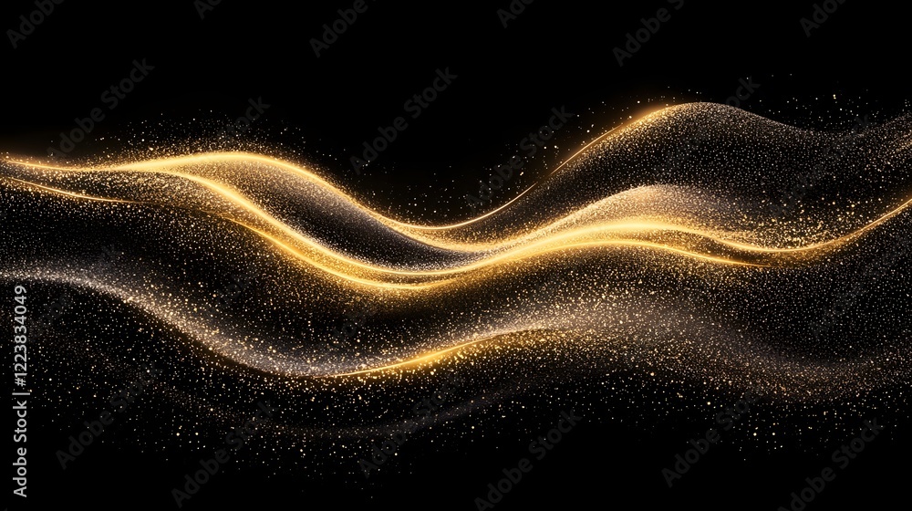 Poster elegant gold dust glitter sparkle wave texture flowing gracefully across a deep black background cre