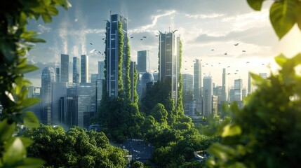 Obraz premium Futuristic City Skyline Overgrown With Lush Greenery