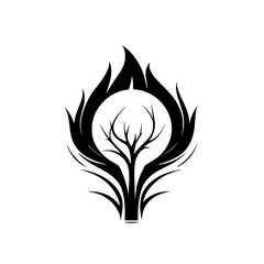 Fiery Embrace: Abstract Tree in Flames - Nature Symbol, Black and White Graphic Design