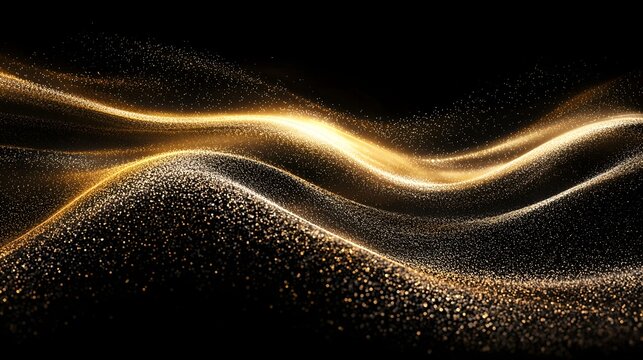 Mesmerizing gold glitter particles forming a dynamic wave pattern on a sleek black background radiating elegance and sophistication with a shimmering texture that exudes luxury and opulence