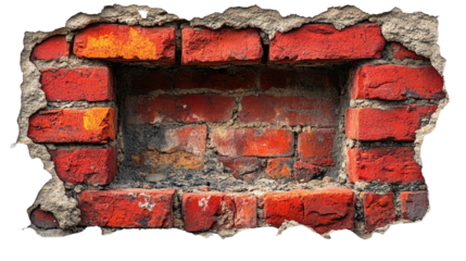 Broken Brick Wall Frame: A weathered section of a red brick wall with a rectangular opening, showing the aged texture and rough edges of the bricks. Perfect for design and architectural projects. 