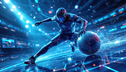 Futuristic Athlete Controls Digital Soccer Ball In Cyberspace