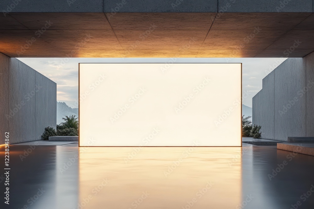 Poster minimalist exhibition space with ambient lighting and blank digital screen 3d rendering