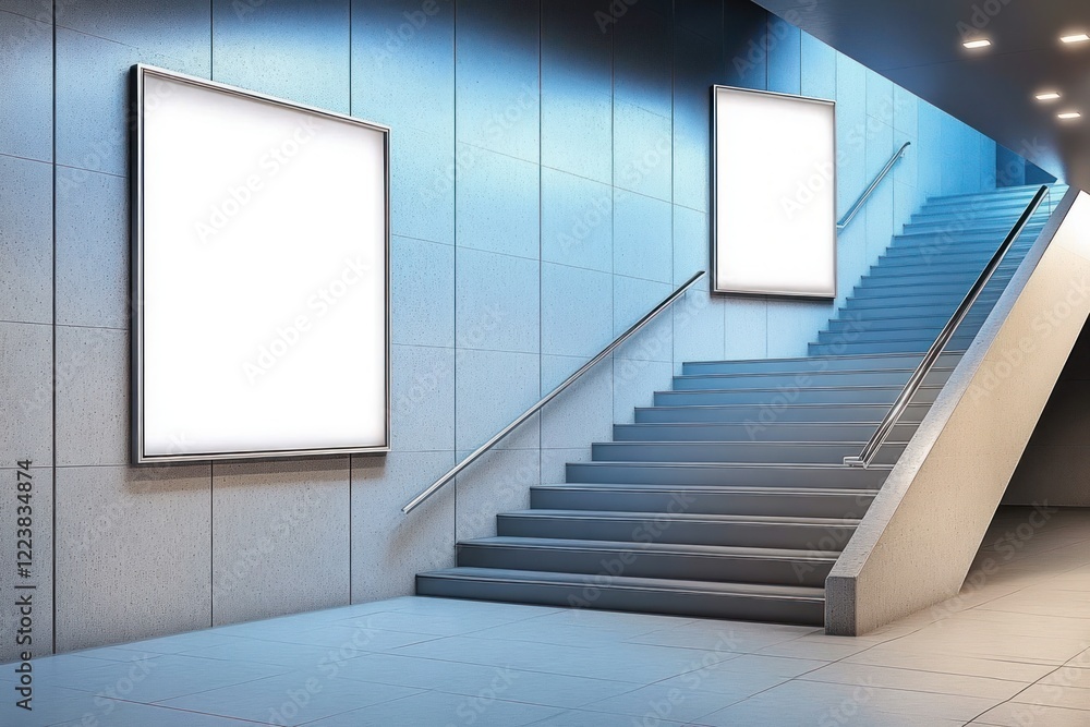 Poster modern urban staircase with empty frames and soft lighting