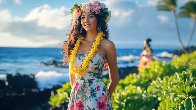 A Hawaiian woman wearing a traditional Muumuu dress with floral patterns, standing on a volcanic beach. She holds a lei (flower garland), and the background features the ocean and a hula dancer. 