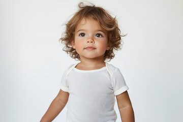 Confident Toddler Portrait with Arms Raised Against Minimal Background Capturing Joy and Innocence of Early Childhood
