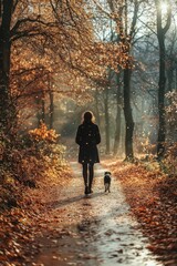 Obraz premium Dogs and Owner Walking Together Along a Winding Path in Autumn Landscape with Golden Leaves